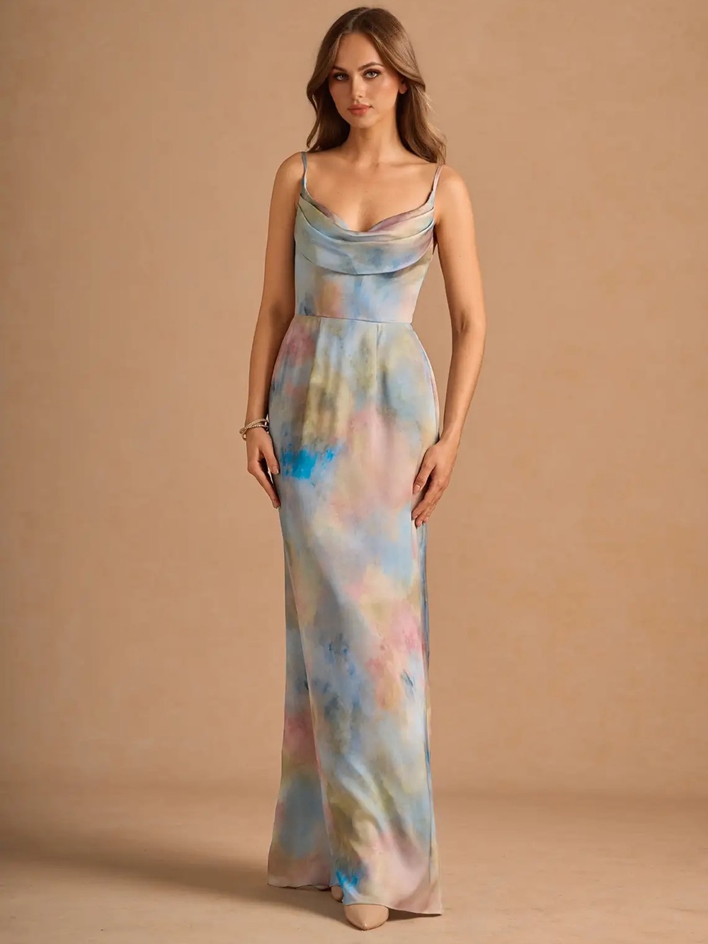 🌈 Azazie Atelier Watercolor Cowl Neck Maxi Dress – Size 10